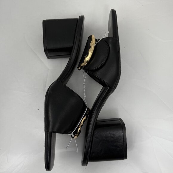 A New Day Womens Faux Leather Slides With Gold Buckle Black Sz 11 Block Heel - Picture 5 of 10